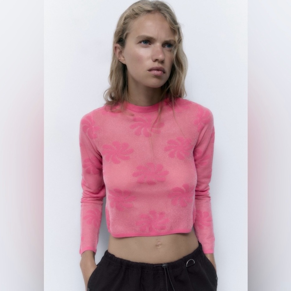 NWOT! Zara long sleeve mesh floral knit top. Metallic effect pink sweater. Sz:S